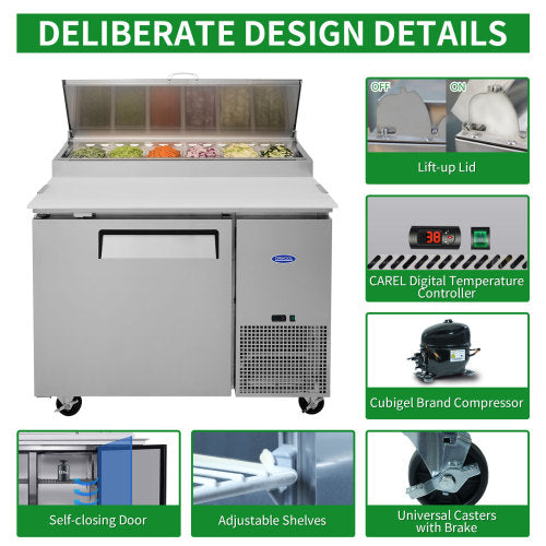 44 IN Commercial Pizza Prep Table with a Built-in Refrigerator 11 Cu.Ft, Butcher Block Cutting Board, Protection Lid, Cold Storage, and Smooth-Rolling Casters, ETL Certified