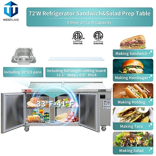 WESTLAKE Commercial Prep Table 72" 3-Door 20-Pan Stainless Steel | Embraco ETL DOE Sandwich Salad Refrigerator for Restaurant