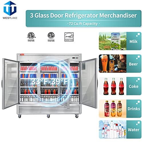 WESTLAKE Commercial Refrigerator Merchandiser 82" 3-Glass Door 72 Cu.ft Stainless Steel | Embraco ETL Display Cooler Reach-In for Restaurant
