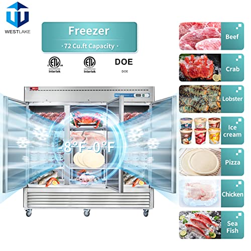 WESTLAKE Commercial Freezer 82" 3-Door 72 Cu.ft Stainless Steel | Embraco Energy Star ETL DOE Reach-In for Restaurant