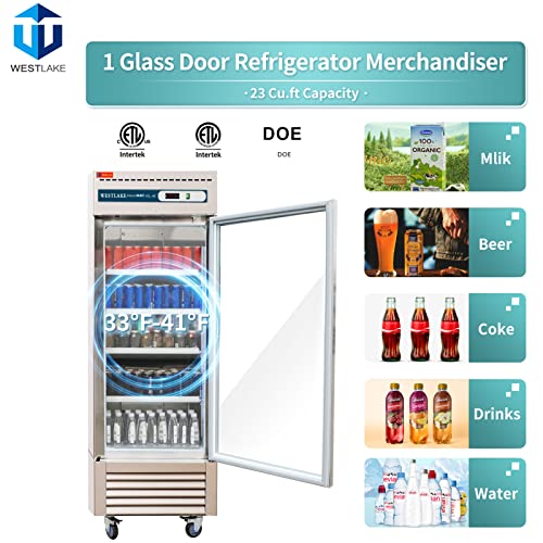 WESTLAKE Commercial Refrigerator Merchandiser 27" 1-Glass Door 23 Cu.ft Stainless Steel | Embraco ETL Display Cooler Reach-In for Restaurant