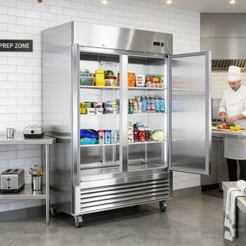 54"W Commercial Refrigerator 2 Section 2 Solid Door Stainless Steel Interior and Exterior Reach-in Refrigerator 42.2 Cu.ft. Upright Fan Cooling Refrigerator for Restaurants