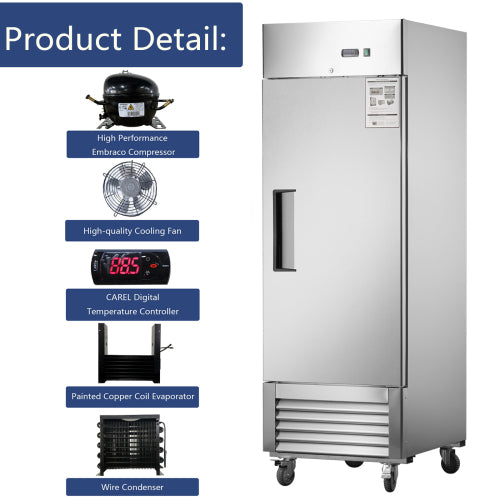 27"W Commercial Refrigerator 1 Solid Door Stainless Steel Interior and Exterior Construction Reach-in Refrigerator 18.68 Cu.ft. Upright Fan Cooling Refrigerator for Restaurants&Commercial Environments