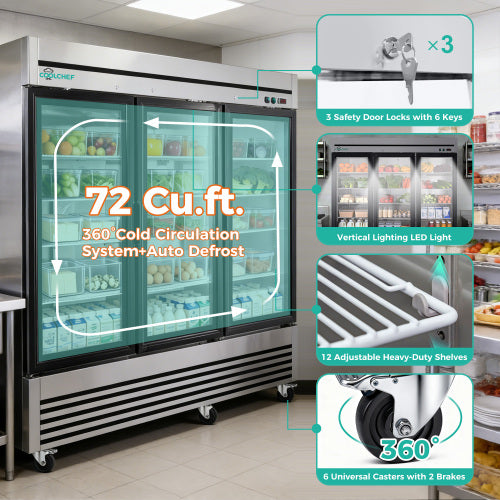 CC 72" Cu Ft Three Glass Door Commercial Reach-In Display Refrigerator, Triple-Door Merchandiser Cooler 33–41°F, Stainless Steel, R290, ETL DOE