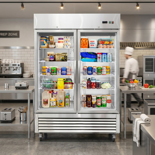 54"W Commercial Refrigerator 2 Glass Door Stainless Steel Interior and Exterior Construction Display Refrigerator 42.2 Cu.ft. Reach-in Merchandising Refrigerator Upright Fan Cooling Merchandiser