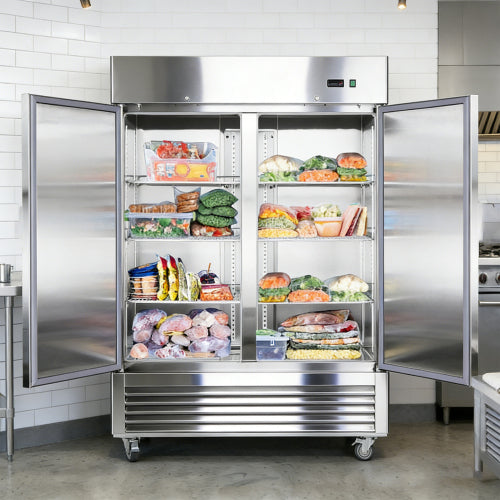 54"W Commercial Freezer 2 Section 2 Solid Door Stainless Steel Interior and Exterior Construction Reach-in Freezer 42.2 Cu.ft. Upright Fan Cooling Freezer for Restaurants and Commercial Environments