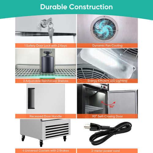 CC 27″ Reach-In Commercial Refrigerator, Stainless Steel Single Door Cooler, Digital Thermostat, LED Lighting, ETL