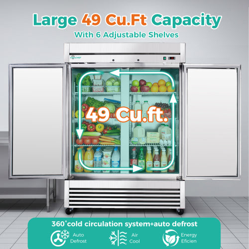 CC 54" Commercial Refrigerator 49 Cu.Ft, Stainless Steel 2 Door Reach-in Fridge, 32–37℉, Air Cooling, LED Light, 6 Shelves, R290, ETL