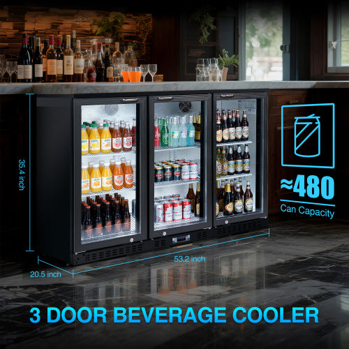 Beverage Refrigerators Cooler 53 inch 3 Glass Door Back Bar, 480 Cans Commercial Display Bar Fridge for Beer Wine and Drink 11.3 Cu.Ft