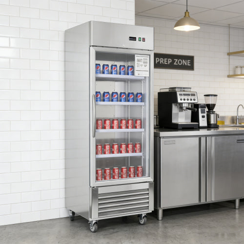 27"W Commercial Refrigerator 1 Glass Door Stainless Steel Interior and Exterior Construction Display Refrigerator 18.68 Cu.ft. Reach-in Merchandising Refrigerator Upright Fan Cooling Merchandiser