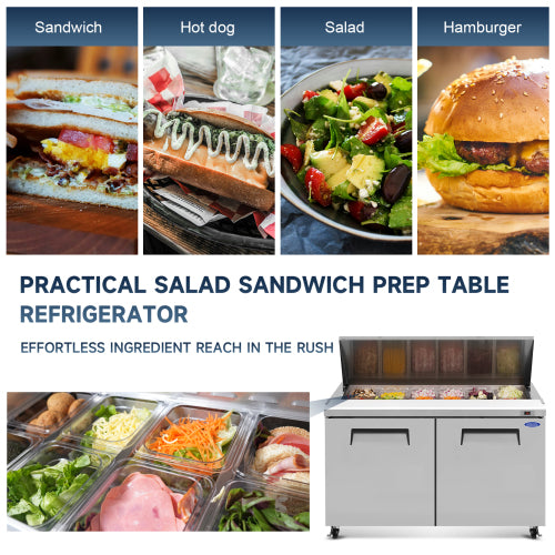 60 IN Commercial Refrigerators Sandwich&Salad Prep Table with a Butcher Block Cutting Board, Protection Lid, Cold Storage, ETL Certified