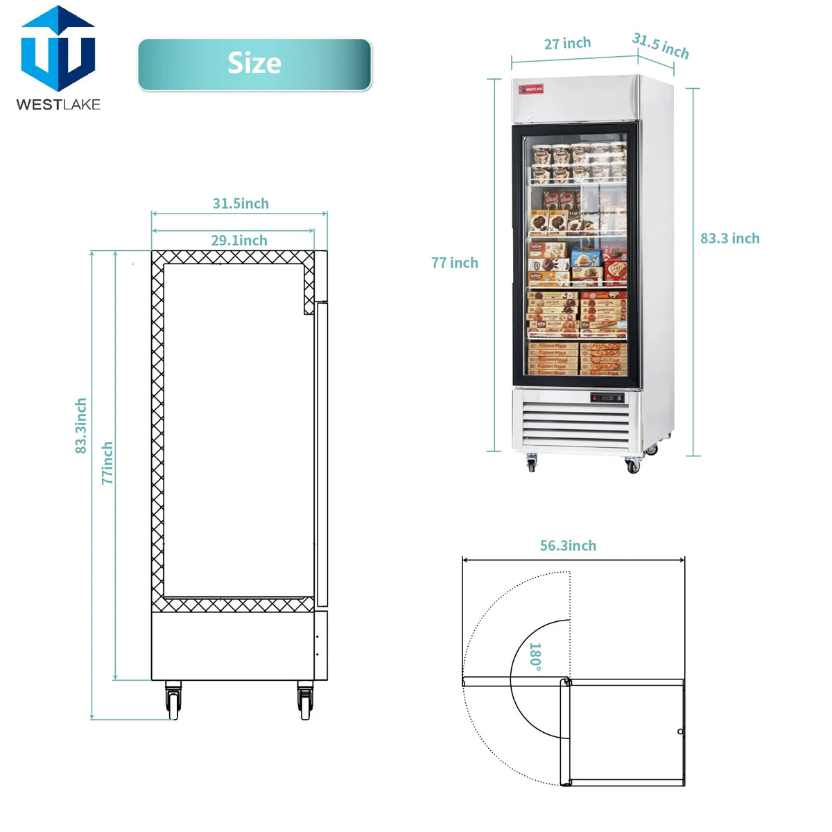 WESTLAKE Commercial Freezer Merchandiser 27" 1-Glass Door 23 Cu.ft Stainless Steel | ETL DOE Reach-In Display for Restaurant