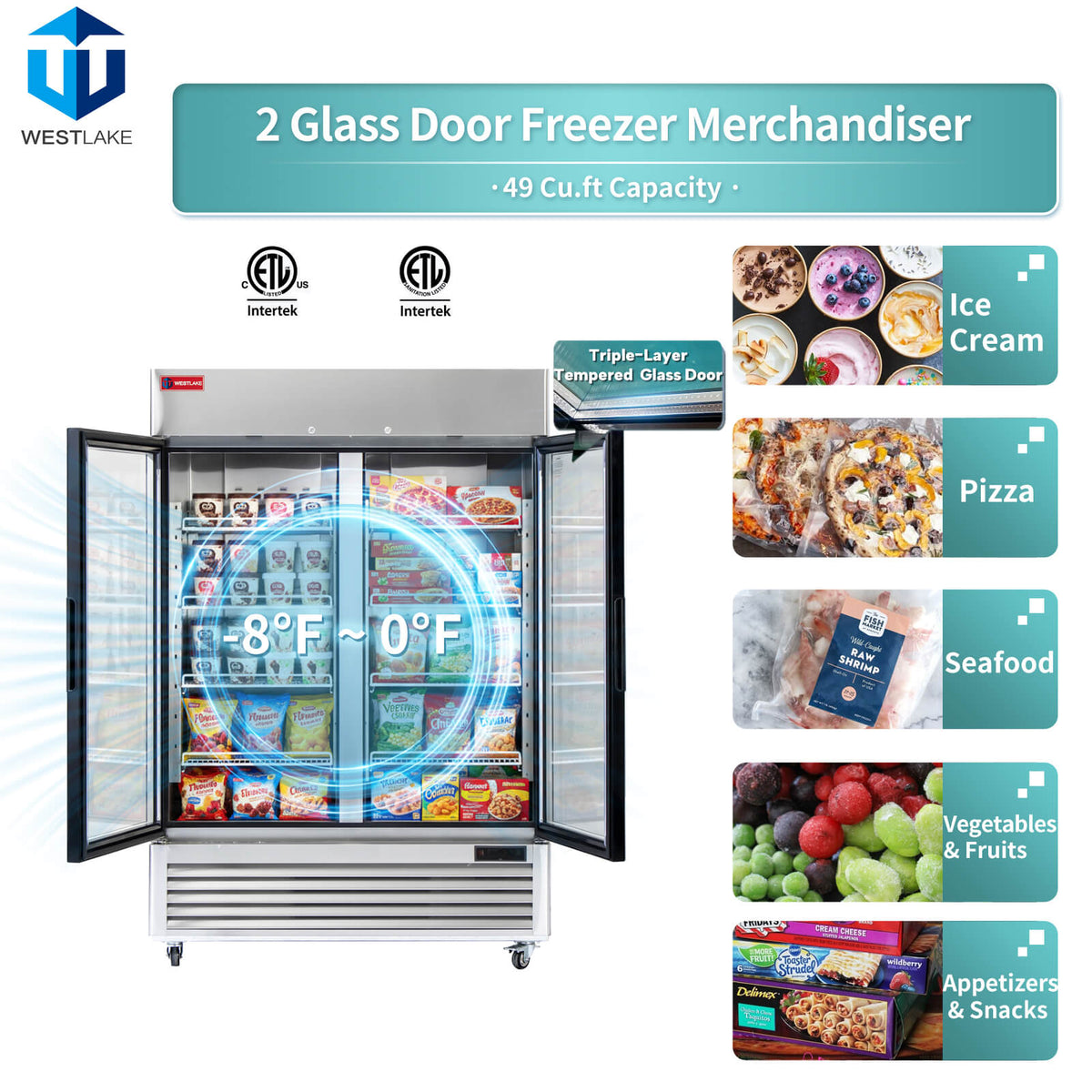 WESTLAKE Commercial Freezer Merchandiser 54" 2-Glass Door 49 Cu.ft Stainless Steel | ETL DOE Reach-In Display for Restaurant