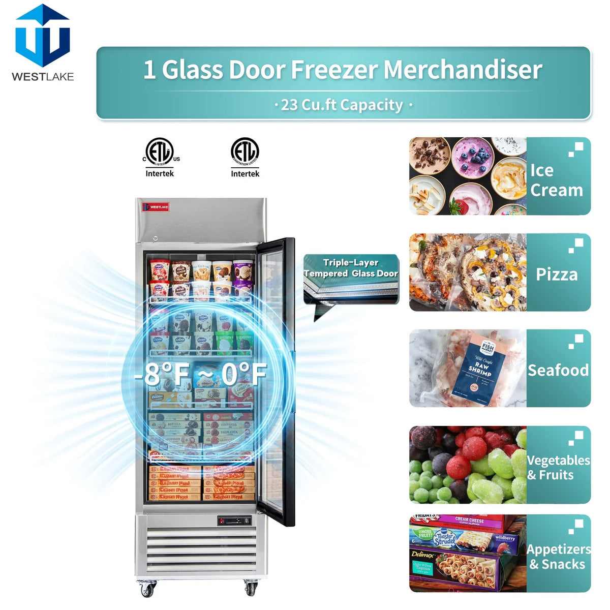 WESTLAKE Commercial Freezer Merchandiser 27" 1-Glass Door 23 Cu.ft Stainless Steel | ETL DOE Reach-In Display for Restaurant