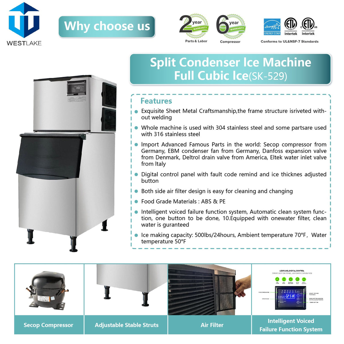 WESTLAKE Commercial Ice Machine 500 lb. Air Cooled Cube Ice Maker with 440 lb. Bin | SK-529 ETL Certified for Restaurant