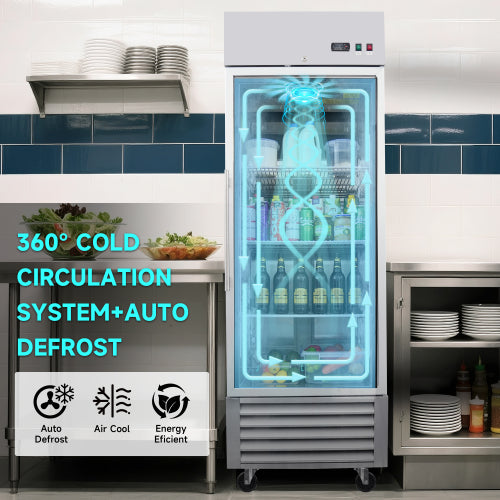 27" Commercial Display Refrigerator Swing Glass Door 23 Cu.ft Stainless Steel Reach-in Merchandiser Refrigerators with LED Lighting
