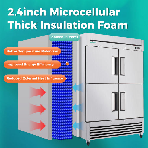 CC 54" Commercial Refrigerator 49 Cu.Ft, Stainless Steel 4-Door Reach-in Fridge, 32–37℉, Air Cooling, LED Light, 6 Shelves, R290, ETL