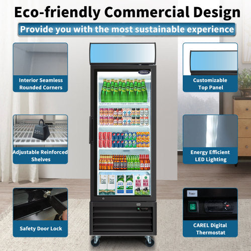 Glass Door Merchandiser Refrigerator 19.3 Cu.ft Swing Door Commercial Display Refrigerators Merchandising Refrigeration with LED Top Panel