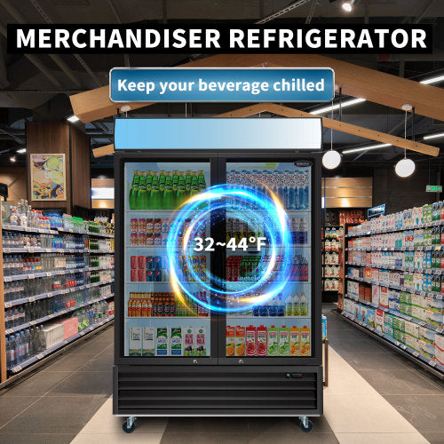 Glass Door Merchandiser Refrigerator 44.7 Cu.ft Swing Door Commercial Display Refrigerators Merchandising Refrigeration with LED Top Panel