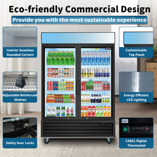 Glass Door Merchandiser Refrigerator 44.7 Cu.ft Swing Door Commercial Display Refrigerators Merchandising Refrigeration with LED Top Panel