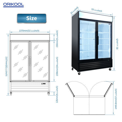 Glass Door Merchandiser Refrigerator 44.7 Cu.ft Swing Door Commercial Display Refrigerators Merchandising Refrigeration with LED Top Panel