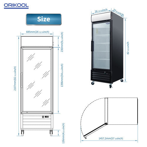 Glass Door Merchandiser Refrigerator 19.3 Cu.ft Swing Door Commercial Display Refrigerators Merchandising Refrigeration with LED Top Panel