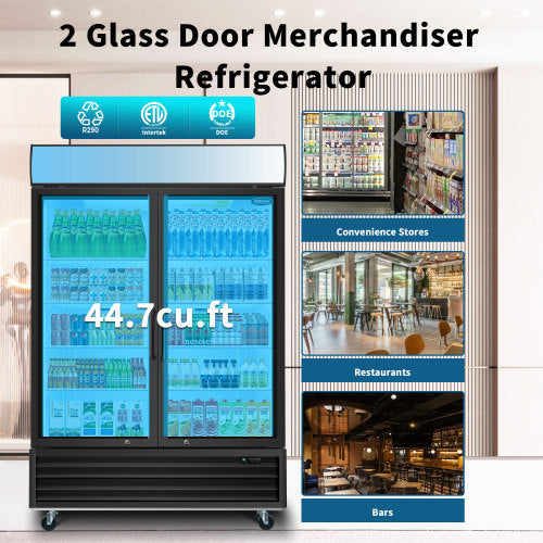 Glass Door Merchandiser Refrigerator 44.7 Cu.ft Swing Door Commercial Display Refrigerators Merchandising Refrigeration with LED Top Panel