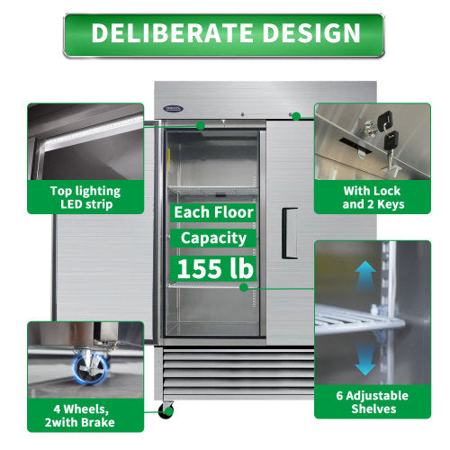 ORIKOOL 54" Commercial Freezer 49 Cu.ft with 2 Solid Door Reach-In Freezers Stainless Steel ETL Approved Upright Freeze Storage