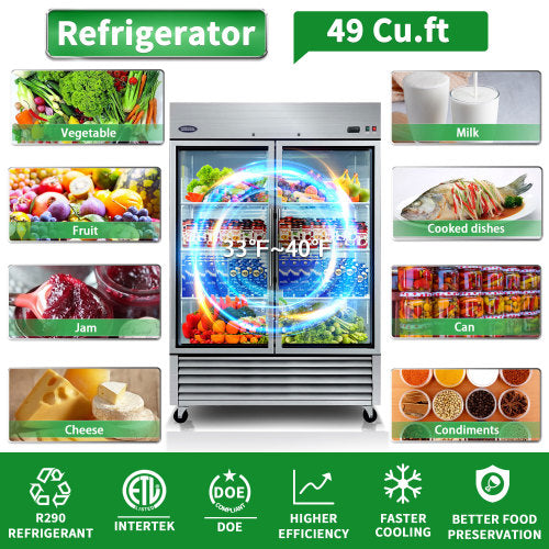 54" Commercial Display Refrigerator Swing Glass Door 49 Cu.ft Stainless Steel Reach-in Merchandiser Refrigerators with LED Lighting