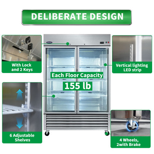 54" Commercial Display Refrigerator Swing Glass Door 49 Cu.ft Stainless Steel Reach-in Merchandiser Refrigerators with LED Lighting