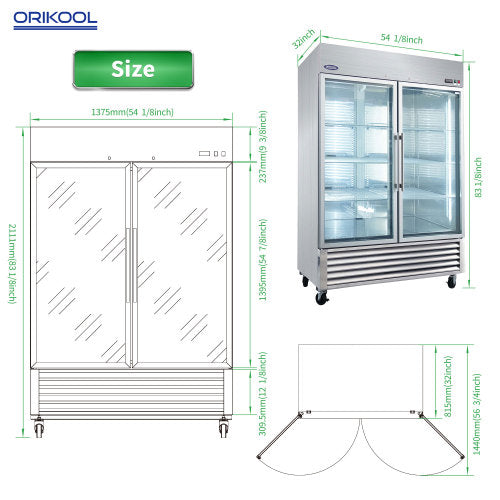 54" Commercial Display Refrigerator Swing Glass Door 49 Cu.ft Stainless Steel Reach-in Merchandiser Refrigerators with LED Lighting