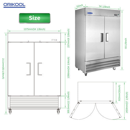 ORIKOOL 54" Commercial Freezer 49 Cu.ft with 2 Solid Door Reach-In Freezers Stainless Steel ETL Approved Upright Freeze Storage