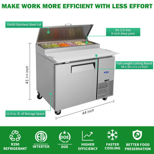 44 IN Commercial Pizza Prep Table with a Built-in Refrigerator 11 Cu.Ft, Butcher Block Cutting Board, Protection Lid, Cold Storage, and Smooth-Rolling Casters, ETL Certified