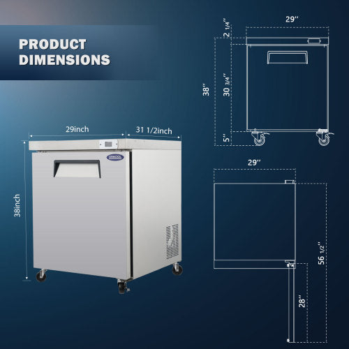 29 IN Commercial Refrigerators, Undercounter Refrigerators 8 Cu.Ft with Smooth Casters, 1 Door, ETL Listed for Restaurants, Cafes, Bars And Pizzerias