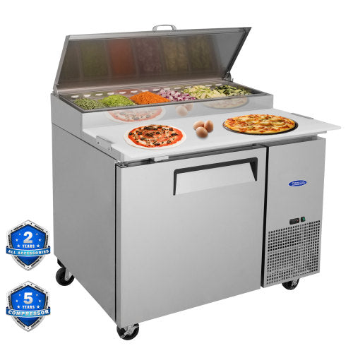 44 IN Commercial Pizza Prep Table with a Built-in Refrigerator 11 Cu.Ft, Butcher Block Cutting Board, Protection Lid, Cold Storage, and Smooth-Rolling Casters, ETL Certified