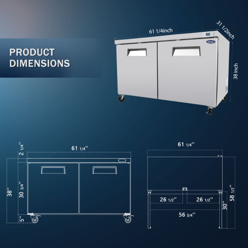 60 IN Commercial Refrigerators, Undercounter Refrigerators 18.5 Cu.Ft with Smooth Casters, 2 Doors, ETL Listed for Restaurants, Cafes, Bars And Pizzerias