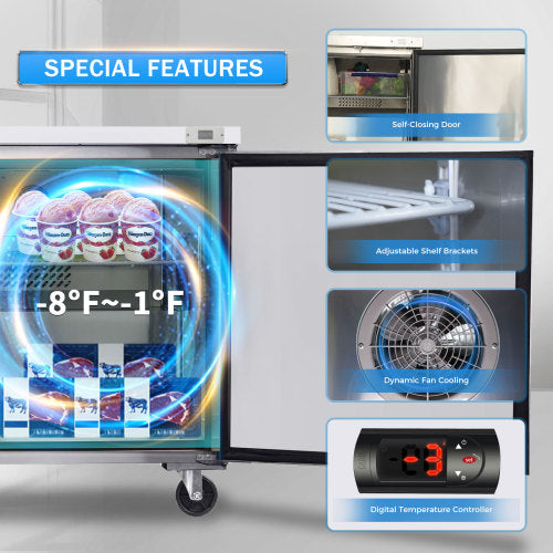 60" Commercial Under Counter Freezer 2 Door 18.5 Cu.ft Undercounter Work Top Freezers ETL Approved