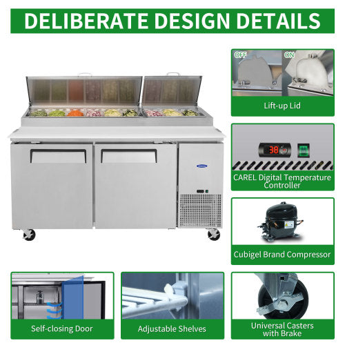 67 IN Commercial Pizza Prep Table with a Built-in Refrigerator 20.3 Cu.Ft, Butcher Block Cutting Board, Protection Lid, Cold Storage, and Smooth-Rolling Casters, ETL Certified
