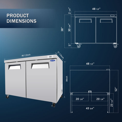 48 IN Commercial Refrigerators, Undercounter Refrigerators 14.1 Cu.Ft with Smooth Casters, 2 Doors, ETL Listed for Restaurants, Cafes, Bars And Pizzerias