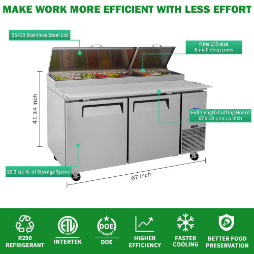 67 IN Commercial Pizza Prep Table with a Built-in Refrigerator 20.3 Cu.Ft, Butcher Block Cutting Board, Protection Lid, Cold Storage, and Smooth-Rolling Casters, ETL Certified