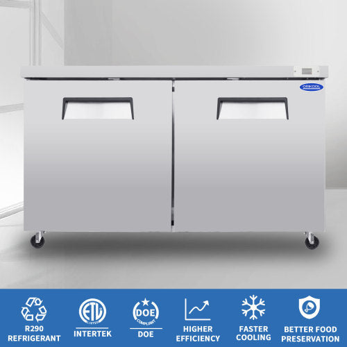 60" Commercial Under Counter Freezer 2 Door 18.5 Cu.ft Undercounter Work Top Freezers ETL Approved