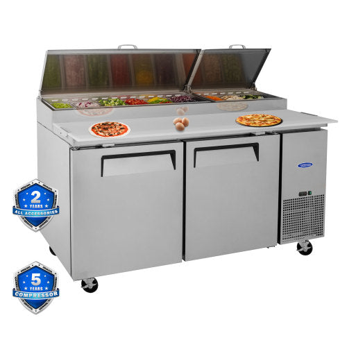 67 IN Commercial Pizza Prep Table with a Built-in Refrigerator 20.3 Cu.Ft, Butcher Block Cutting Board, Protection Lid, Cold Storage, and Smooth-Rolling Casters, ETL Certified