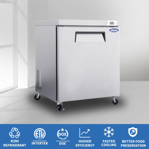 29 IN Commercial Refrigerators, Undercounter Refrigerators 8 Cu.Ft with Smooth Casters, 1 Door, ETL Listed for Restaurants, Cafes, Bars And Pizzerias