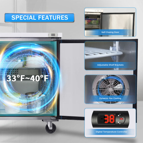 48 IN Commercial Refrigerators, Undercounter Refrigerators 14.1 Cu.Ft with Smooth Casters, 2 Doors, ETL Listed for Restaurants, Cafes, Bars And Pizzerias