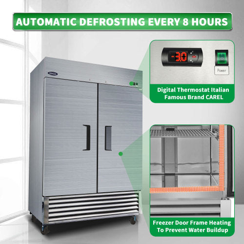 ORIKOOL 54" Commercial Freezer 49 Cu.ft with 2 Solid Door Reach-In Freezers Stainless Steel ETL Approved Upright Freeze Storage
