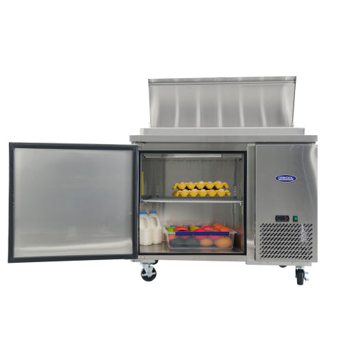 44 IN Commercial Pizza Prep Table with a Built-in Refrigerator 11 Cu.Ft, Butcher Block Cutting Board, Protection Lid, Cold Storage, and Smooth-Rolling Casters, ETL Certified