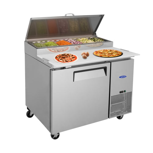 44 IN Commercial Pizza Prep Table with a Built-in Refrigerator 11 Cu.Ft, Butcher Block Cutting Board, Protection Lid, Cold Storage, and Smooth-Rolling Casters, ETL Certified
