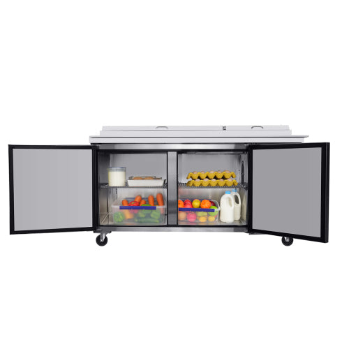 67 IN Commercial Pizza Prep Table with a Built-in Refrigerator 20.3 Cu.Ft, Butcher Block Cutting Board, Protection Lid, Cold Storage, and Smooth-Rolling Casters, ETL Certified