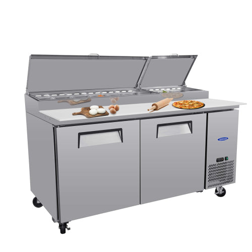 67 IN Commercial Pizza Prep Table with a Built-in Refrigerator 20.3 Cu.Ft, Butcher Block Cutting Board, Protection Lid, Cold Storage, and Smooth-Rolling Casters, ETL Certified