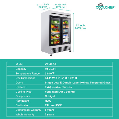 CC 49" Cu Ft Two Glass Door Commercial Reach-In Display Refrigerator, Upright Merchandiser Cooler 33–40°F, Stainless Steel, R290, ETL DOE